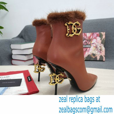 Dolce  &  Gabbana Mink Fur Thin Heel 10.5cm Leather Ankle Boots Brown with Baroque DG Heel 2021